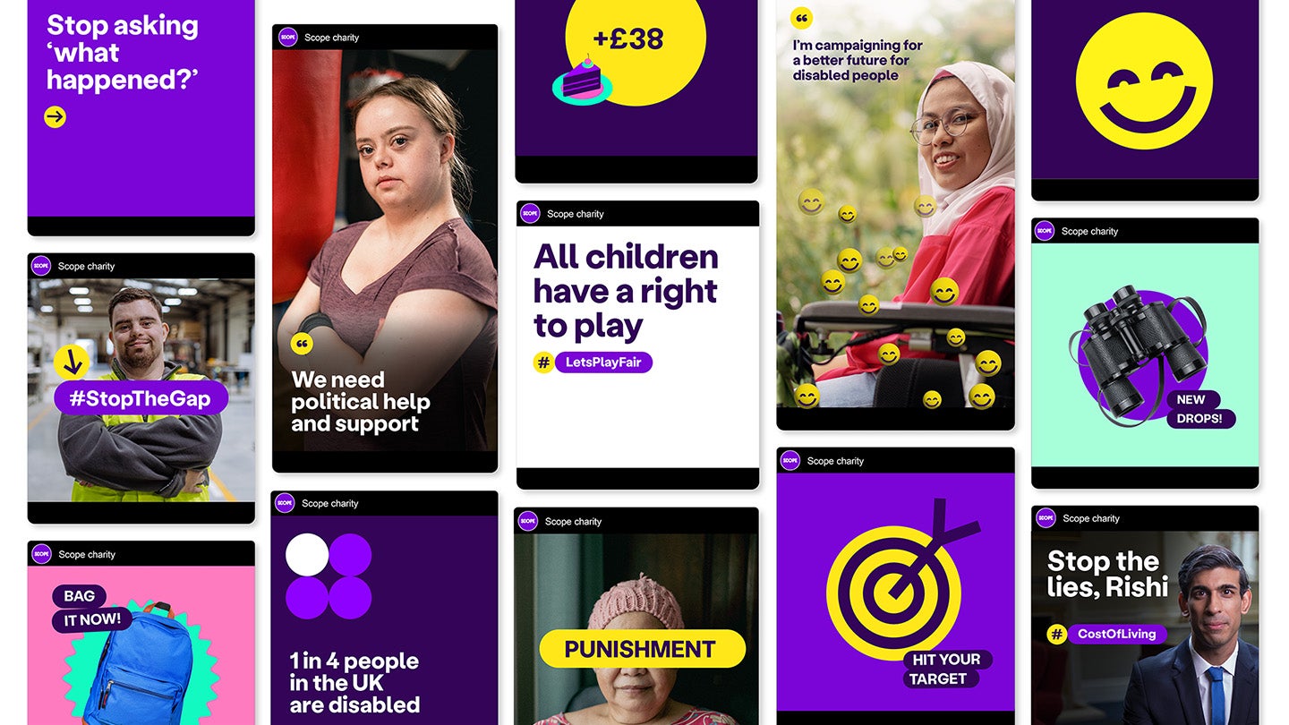 Selection of social posts. Some use lozenges for hashtags, 'Lets Play Fair' and 'Stop the Gap' and call to actions like 'bag it now' or 'New drops'. There's photography examples for for campaign posts. Including a yellow lozenge across a person's face saying 'punishment', and statements like 'we need political support' or 'Stop the lies, Rishi' . There are also examples of large icons and infographics. 