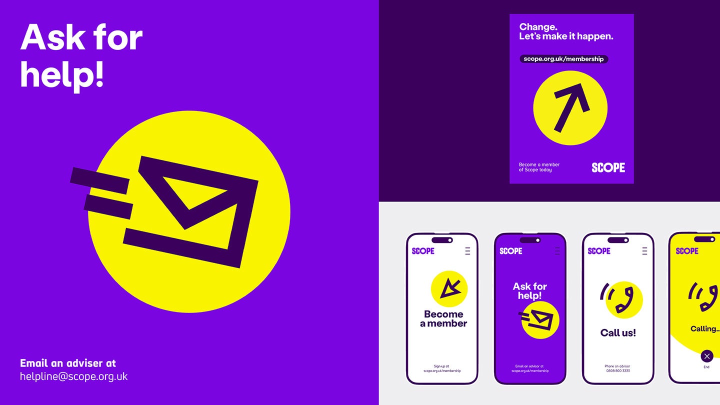 Icon examples on mobile and leaflets. Shows creative use of icons, like having the email icon as the central image to signify contacting us. Some of the illustrations 'break out' of the circle.