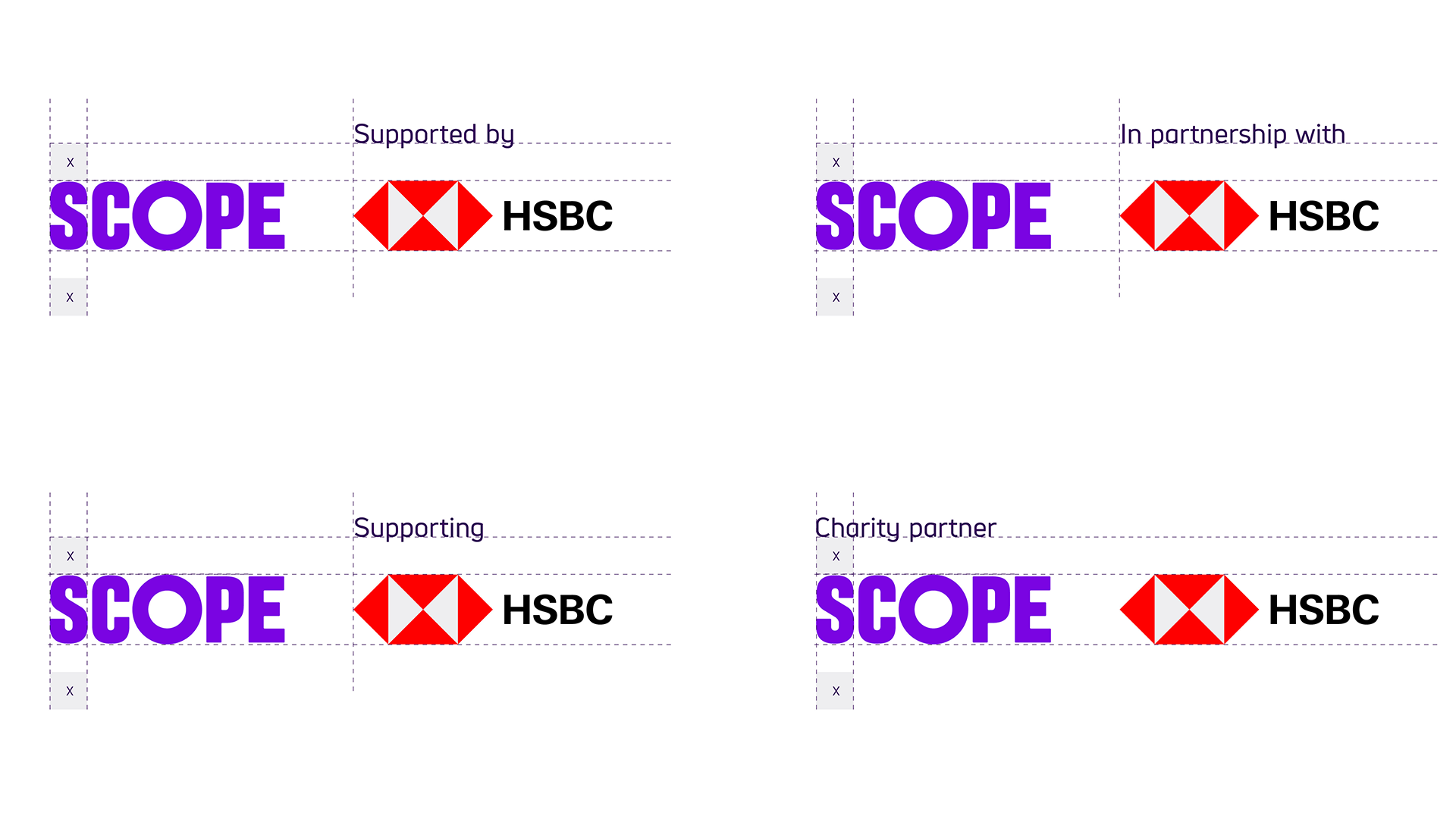 4 examples of the scope logo and the HSBC logo with supported by, in partnership with, supporting, and charity partner text above the logos.