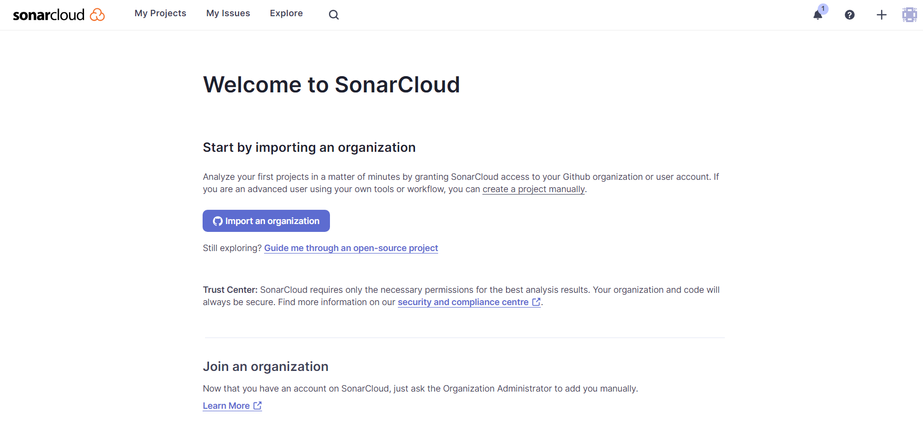 SonarCloud welcome screen