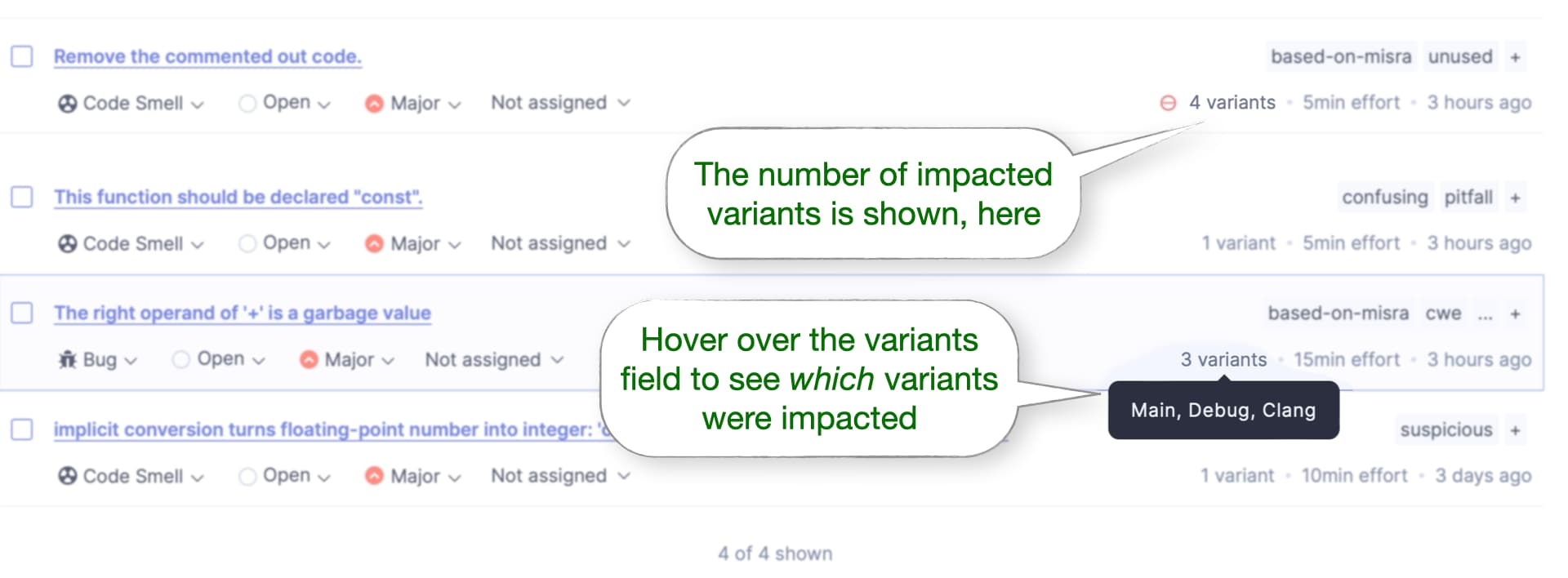 Screenshot from SonarQube showing different nuymbers of code variants per issue