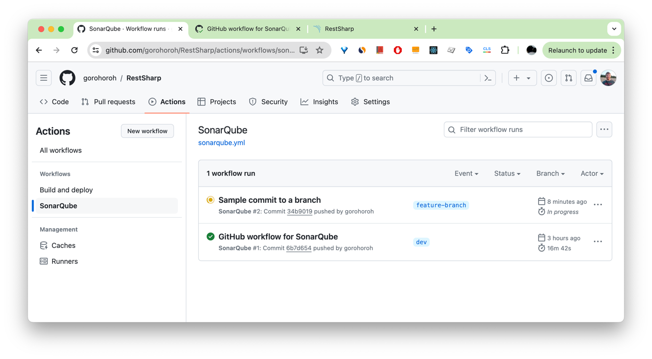 View the workflow results of the SonarQube analysis in GitHub