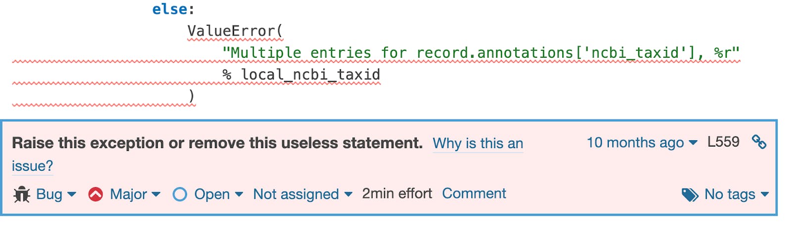 This code creates a `ValueError` exception but does not `raise` it. This is a pretty common mistake as developers usually don't see the missing `raise` keyword..