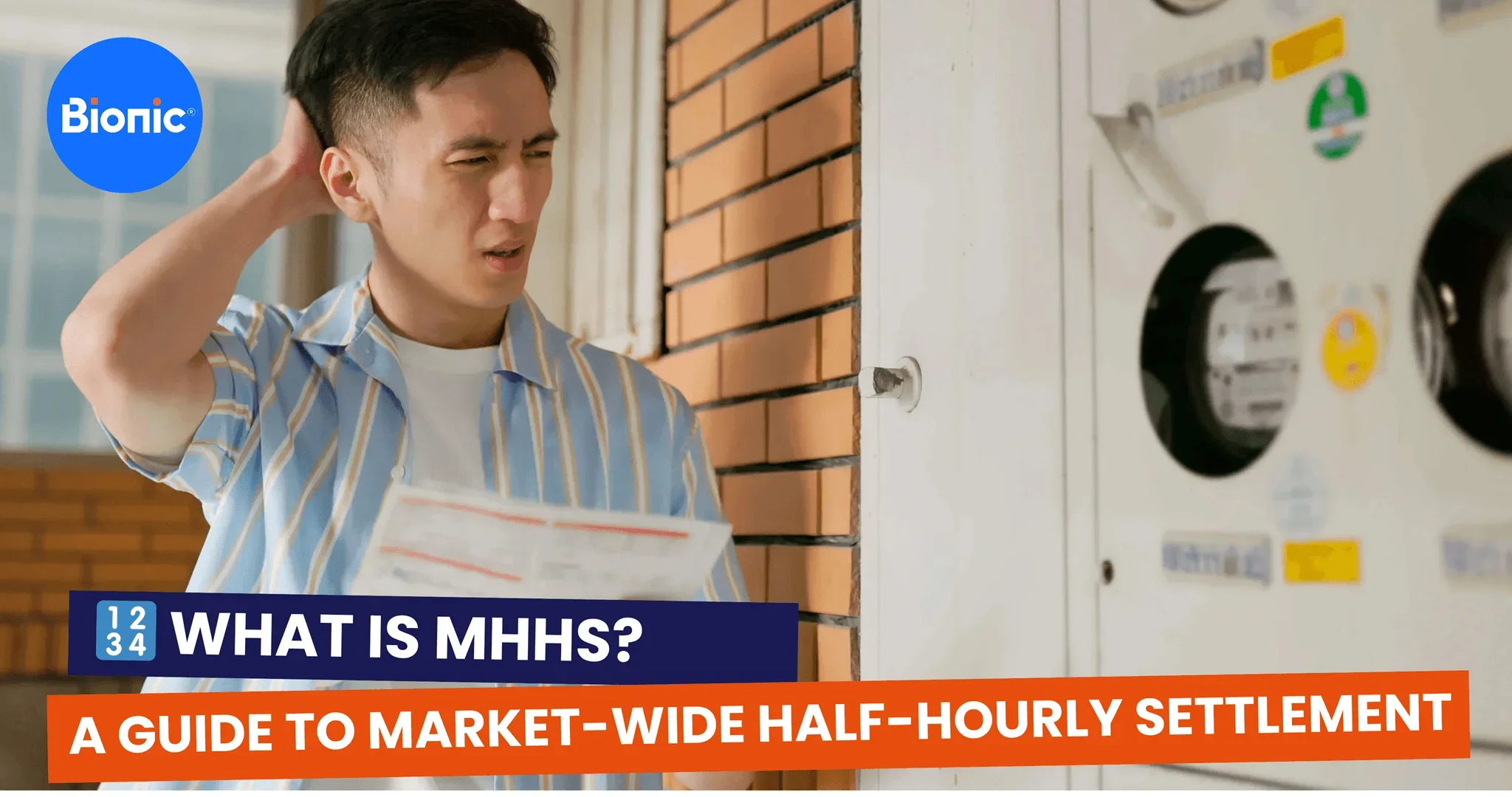 A business owner looks confused as he checks his energy bill next to his energy meters. The caption reads: What is MHHS? A guide to Market-Wide Half-Hourly Settlement.