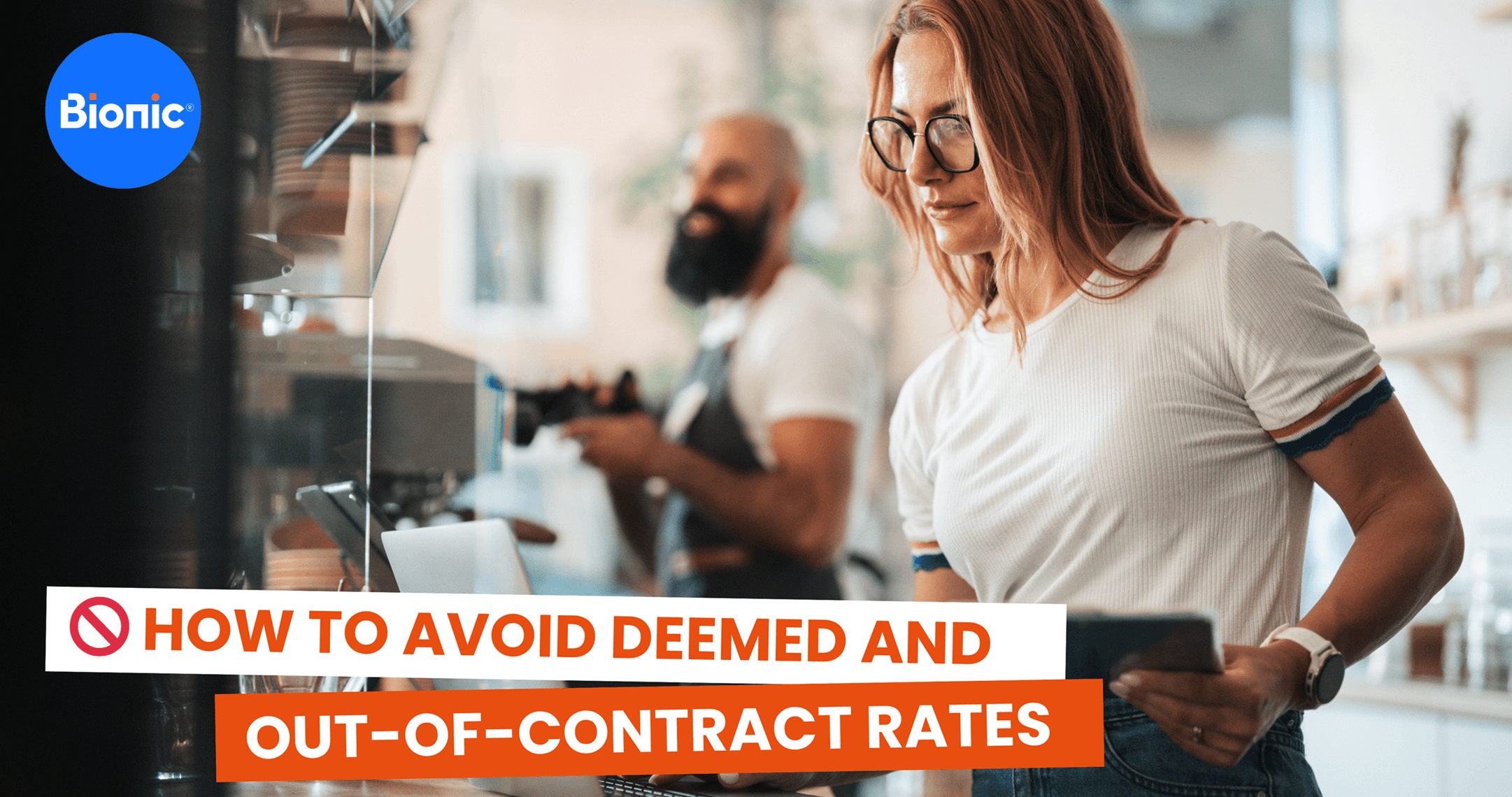 Coffee shop owner checking business energy contract on laptop. The caption reads: How to avoid deemed and out-of-contract rates