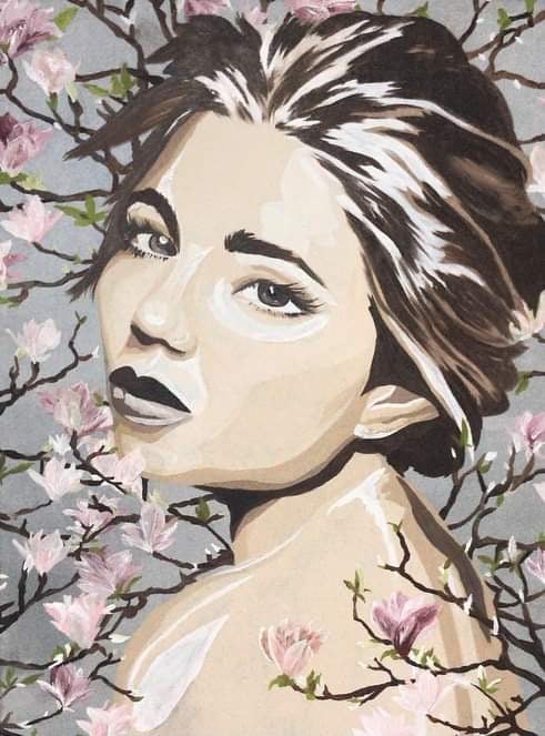 Painting of the face of a woman surrounded by pink flowers