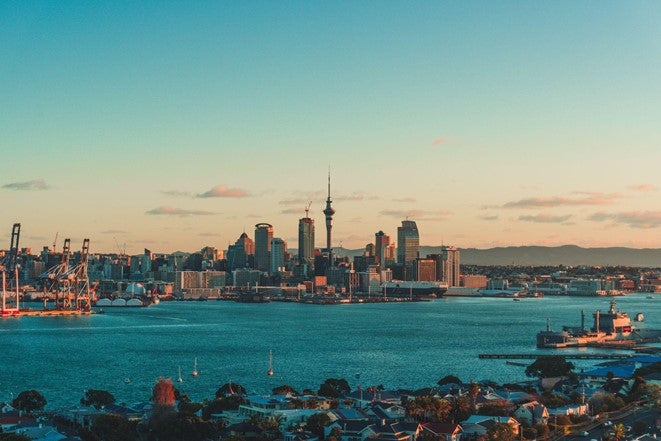 The bay in Auckland, New Zealand, at sunset