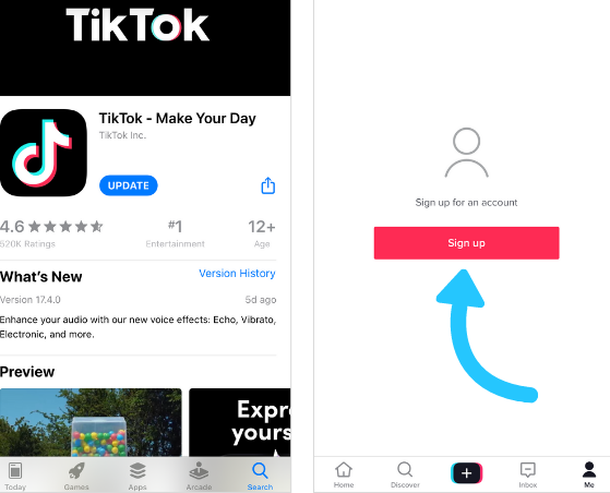 Screen grab showing how to get started on TikTok