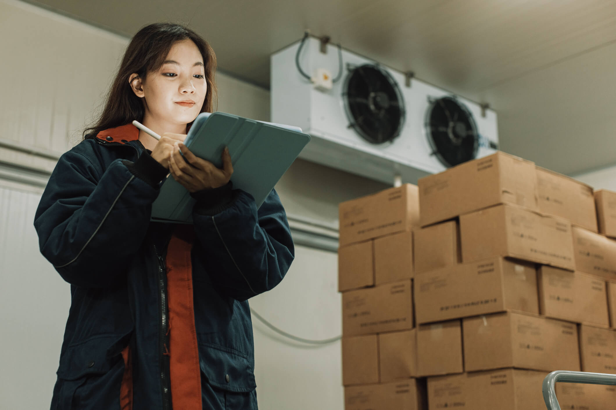 female worker holding a clipboard stood in a cooling fridge with boxes of stock