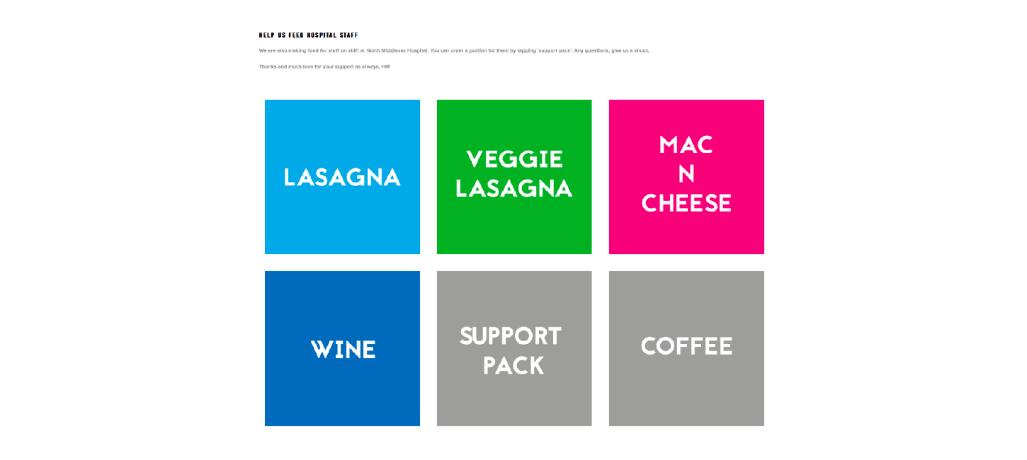 A menu for what support is on offer for staff. Lasagna, veggie lasagna, mac and cheese, wine, support pack, and coffee are in different coloured squares.
