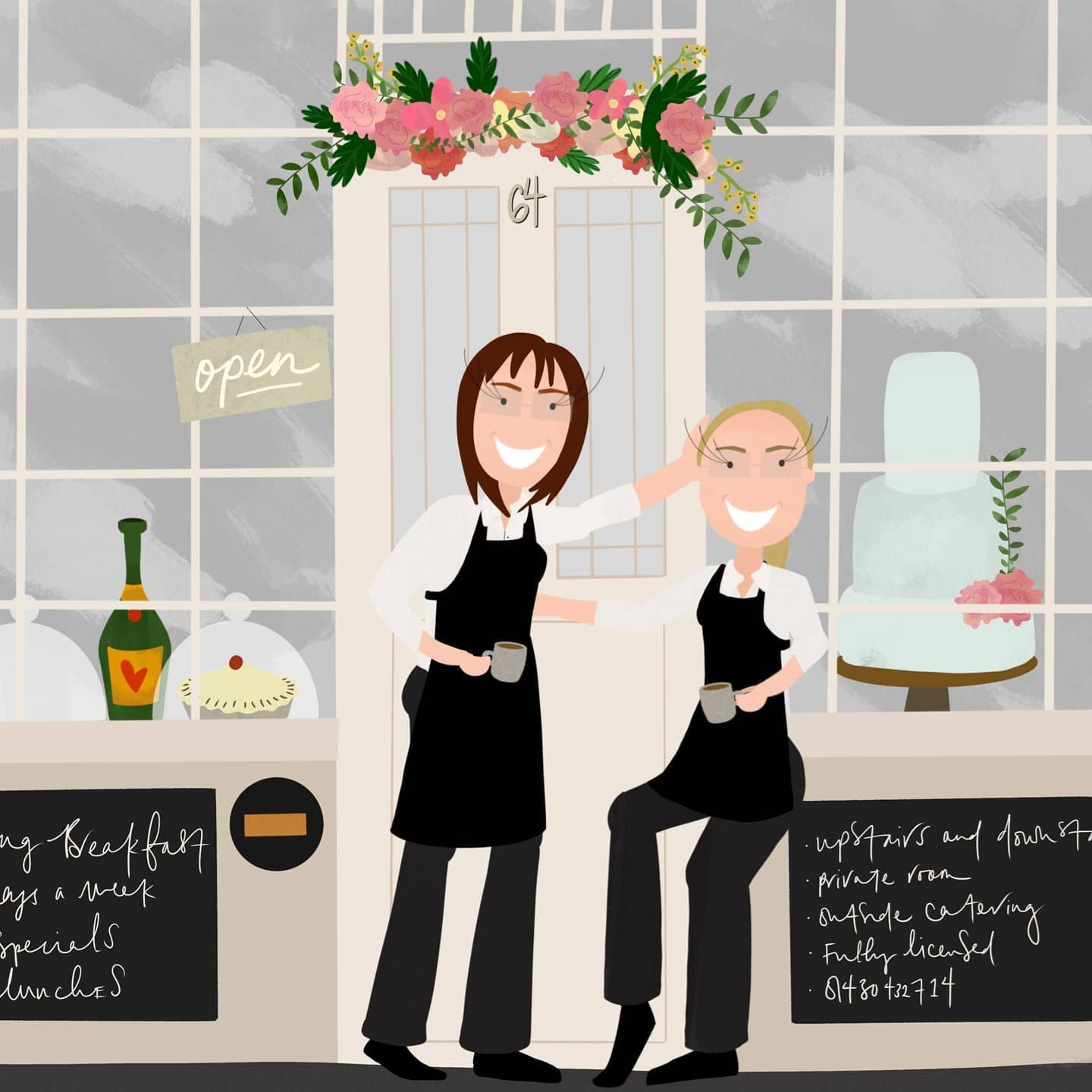 A cartoon version of owners Jo and Sam holding coffee cups in front of their tea room