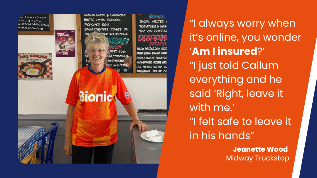 Customer testimonial graphic featuring a person wearing a bright orange Bionic-branded shirt inside Midway Truckstop, alongside a quote from Jeanette Wood describing the reassurance and support received from Bionic when arranging business insurance.
