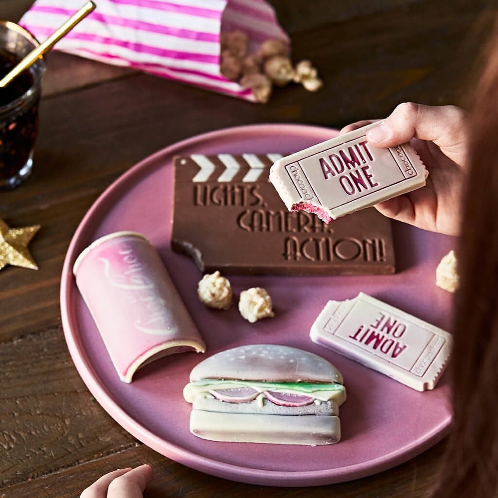Choc on Choc's movie themed chocolate assortment including a burger, a film ticket and popcorn