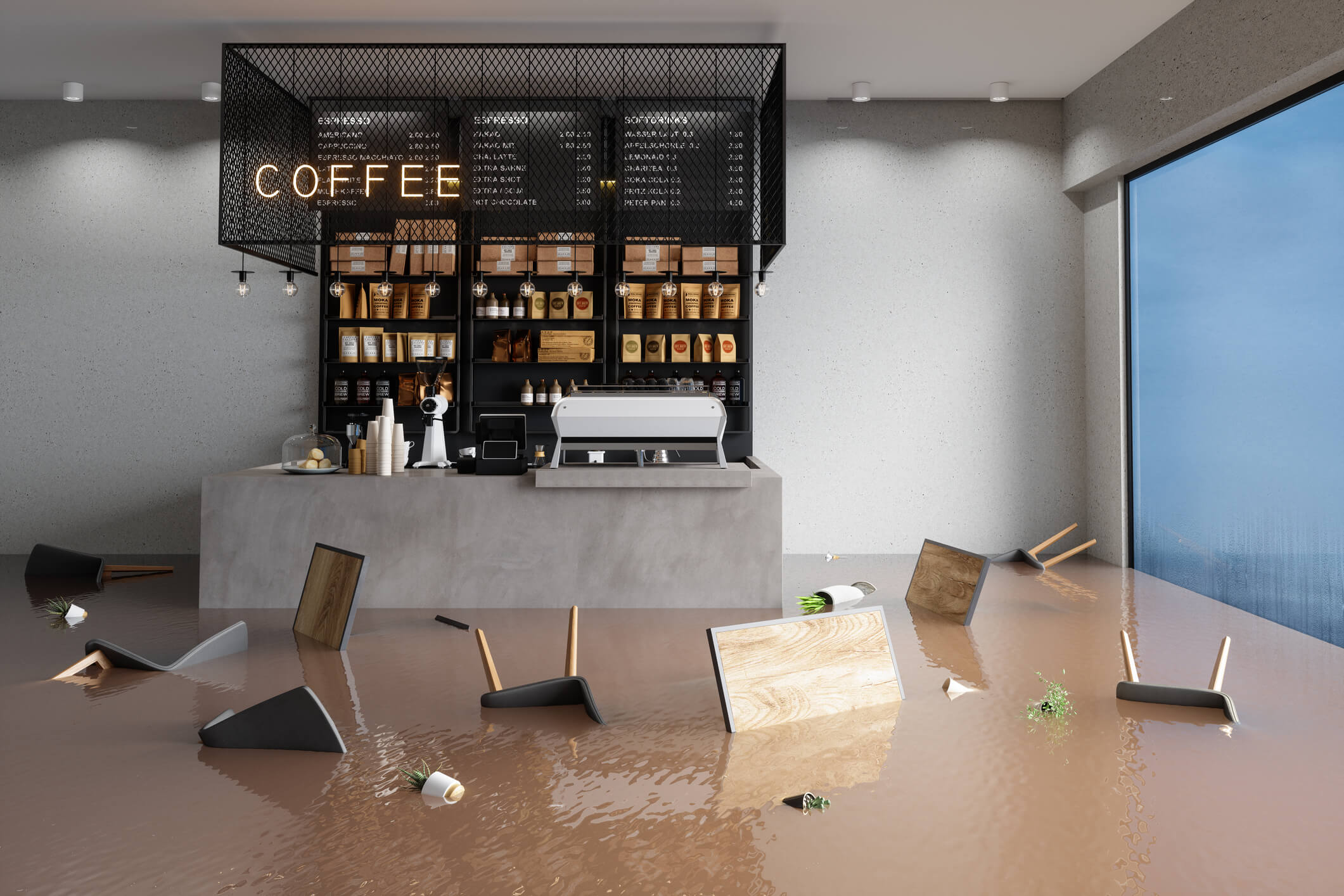 Flooded coffeeshop with tables and chairs underwater