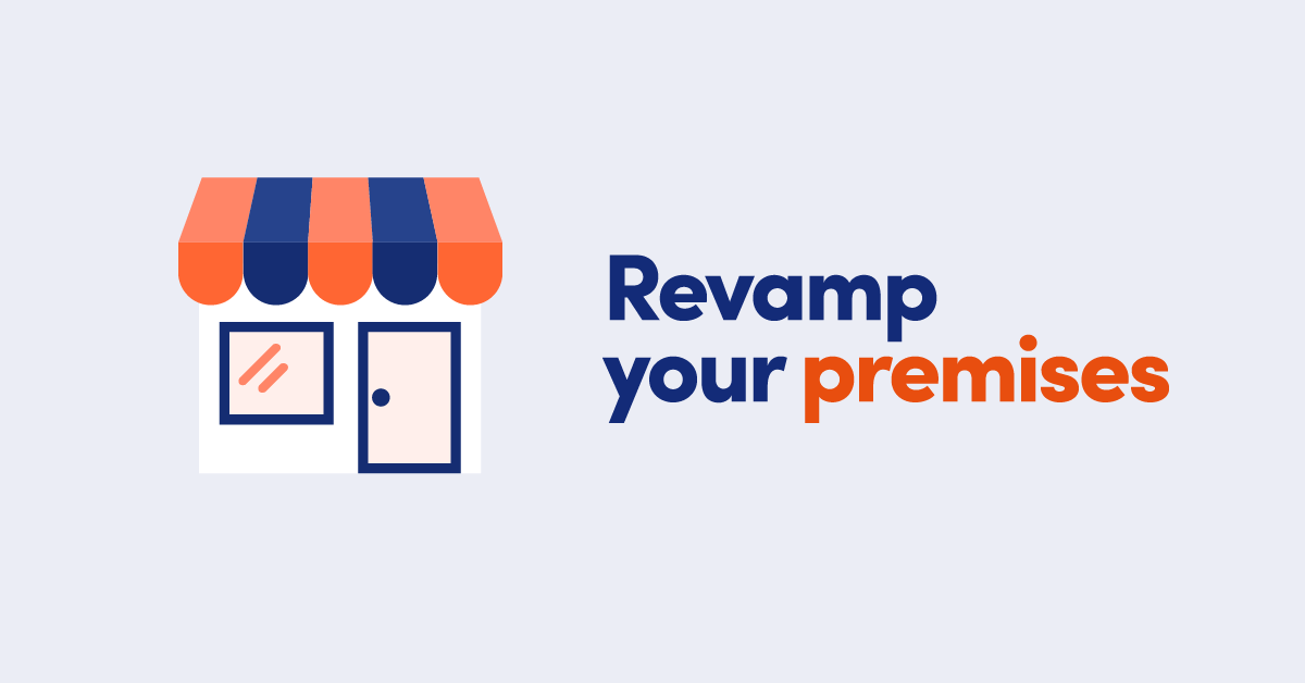 Illustration of shop front with orange and blue awning with text Revamp your premises