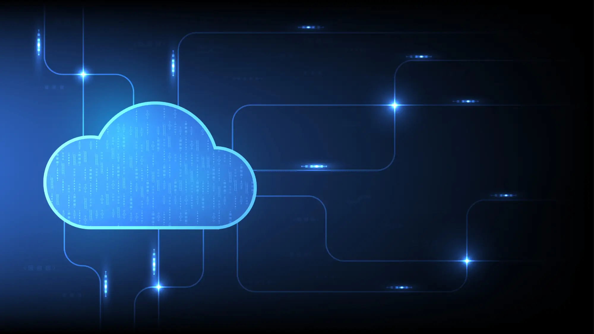 Blue cloud computing diagram with circuit board lines