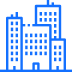 A blue line drawing of a building