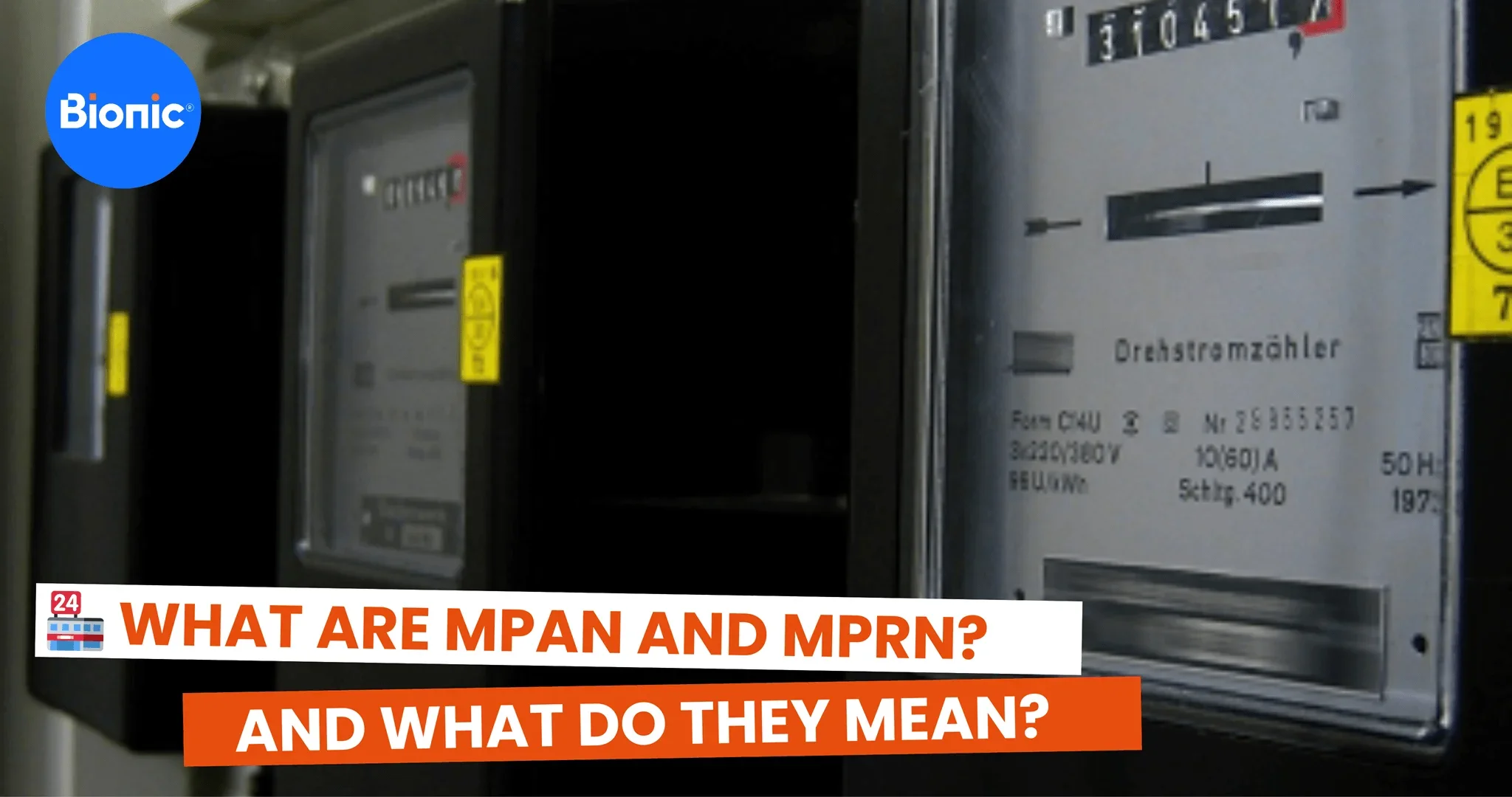 Three business energy meters with black casings and white display facing. The caption reads: What are MPAN and MPRN? And what do they mean?