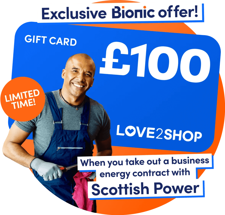 A man in overalls and gloves smiling at the Bionic and ScottishPower gift card offer