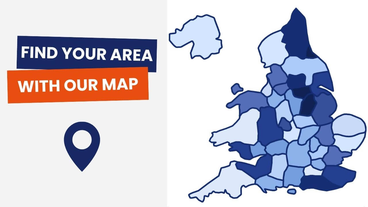 Graphic saying 'find your area with our map' and showing our interactive map