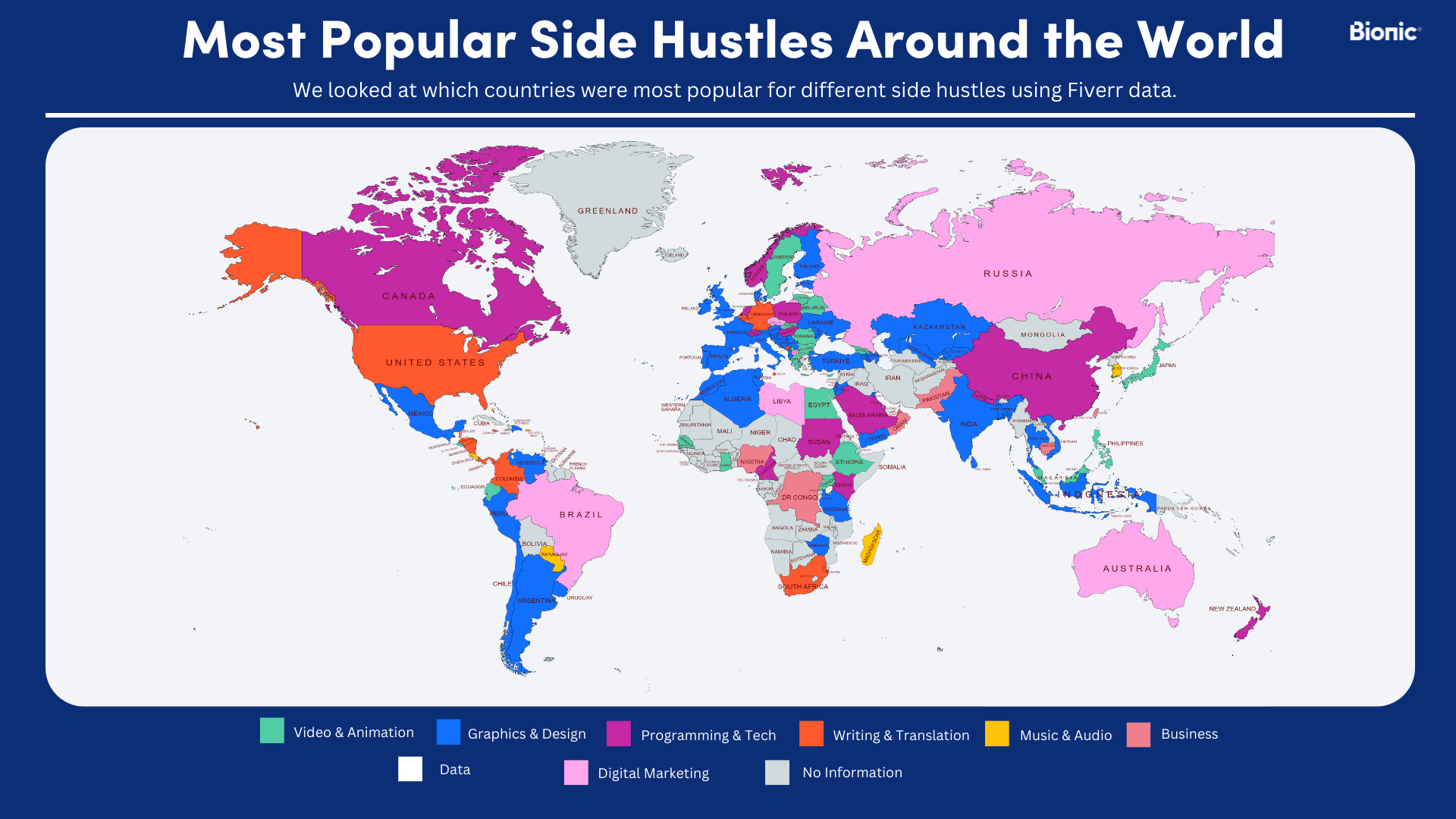 Map of the world showing the most popular side hustles in each part of the globe.