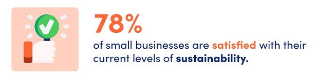 Illustration of hand holding a green sign with a white check mark. Text next to it says 78% of small businesses are satisfied with their current levels of sustainability.