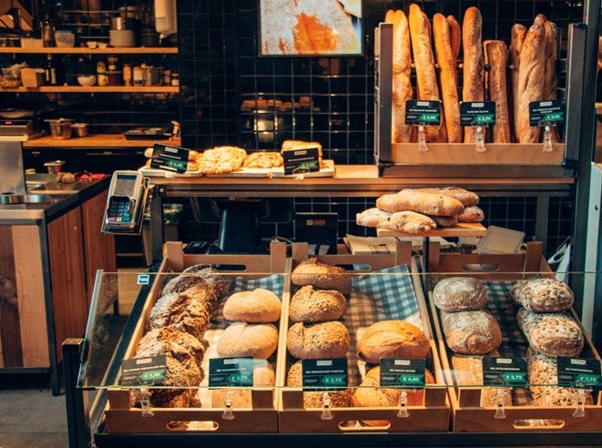 A bakery counter in Nottingham displaying freshly-baked bread