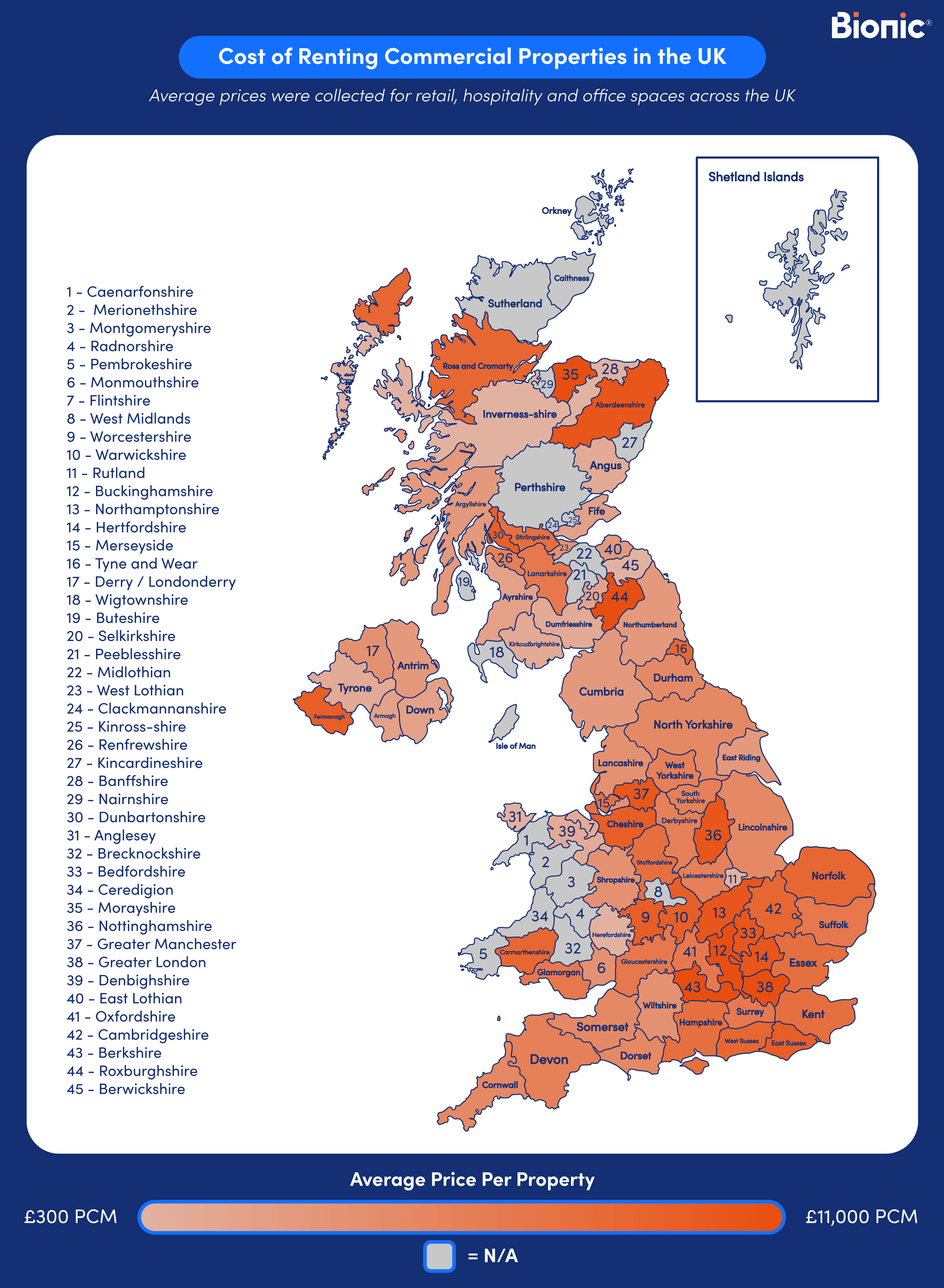 UK map split into regions to show how expensive it is to rent a commercial property in each