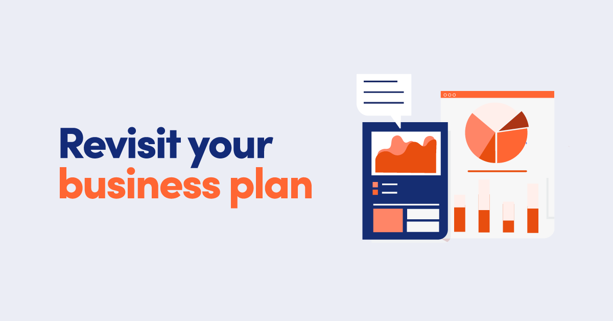 Illustration of performance graphs and pie charts with text Revisit your business plan