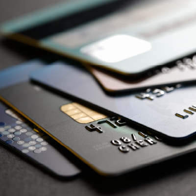 A pile of five business credit cards and debit cards