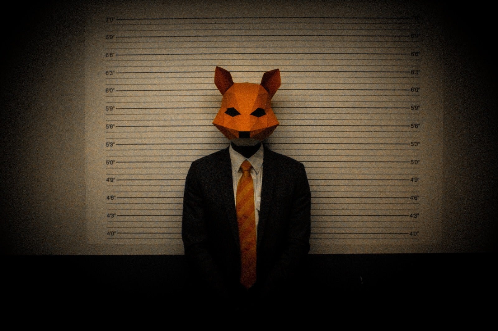 Someone in a dark suit wearing a fox mask to represent the namesake of the escape rooms 'Fox in a Box'