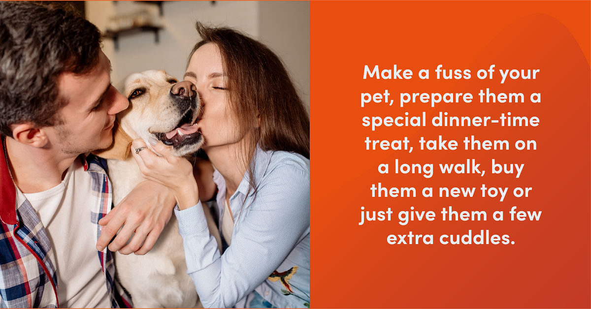 Two owners hug and kiss happy looking dog. Text reads: "Make a fuss of your pet, prepare them a special dinner-time treat, take them on a long walk, buy them a new toy or just give them a few extra cuddles."