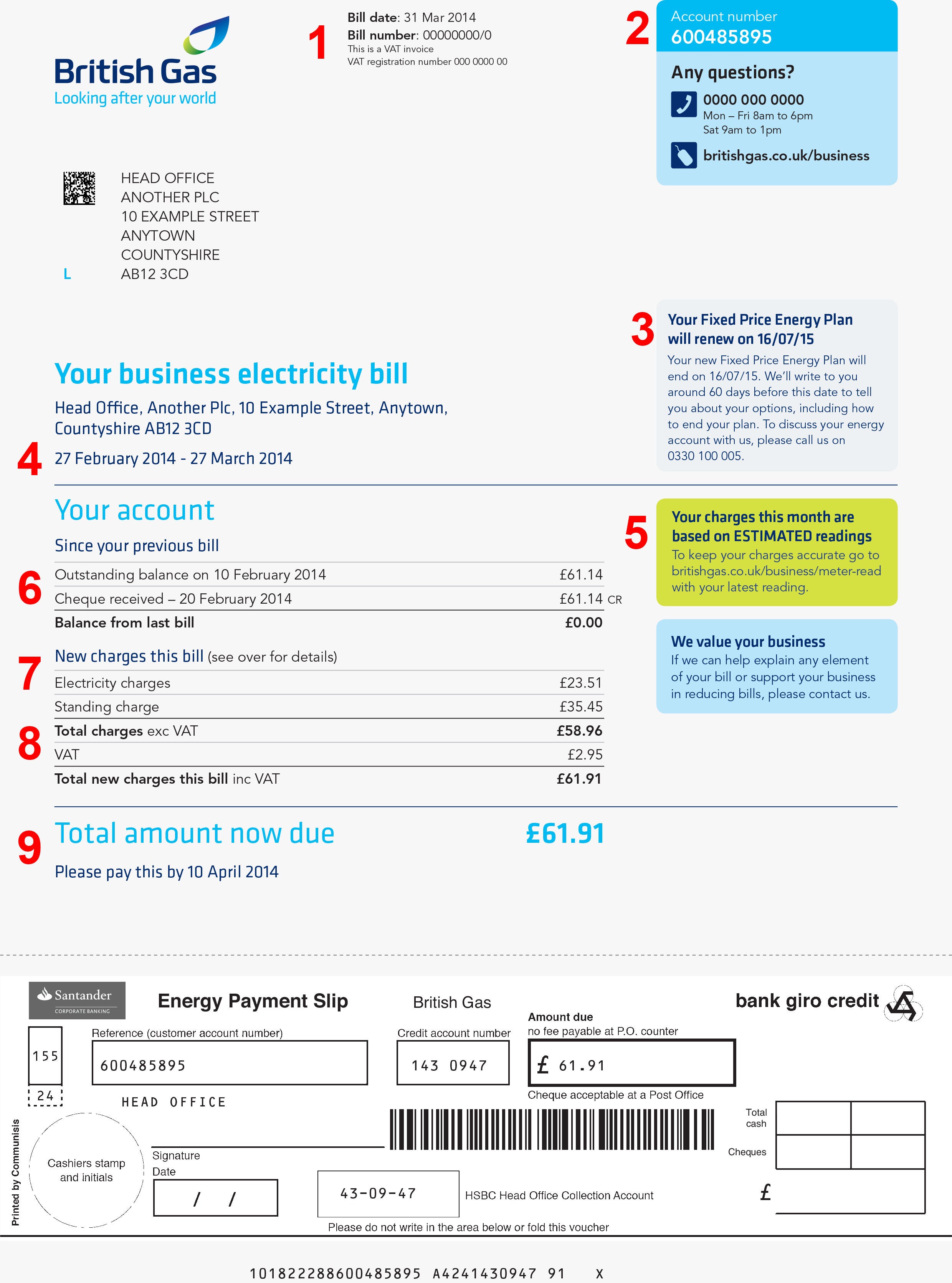 Page one of a British Gas business energy bill with payment giro attached