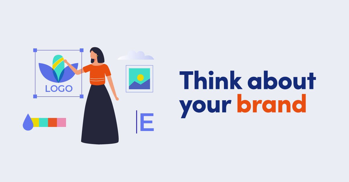 Illustration of woman with text Think about your brand