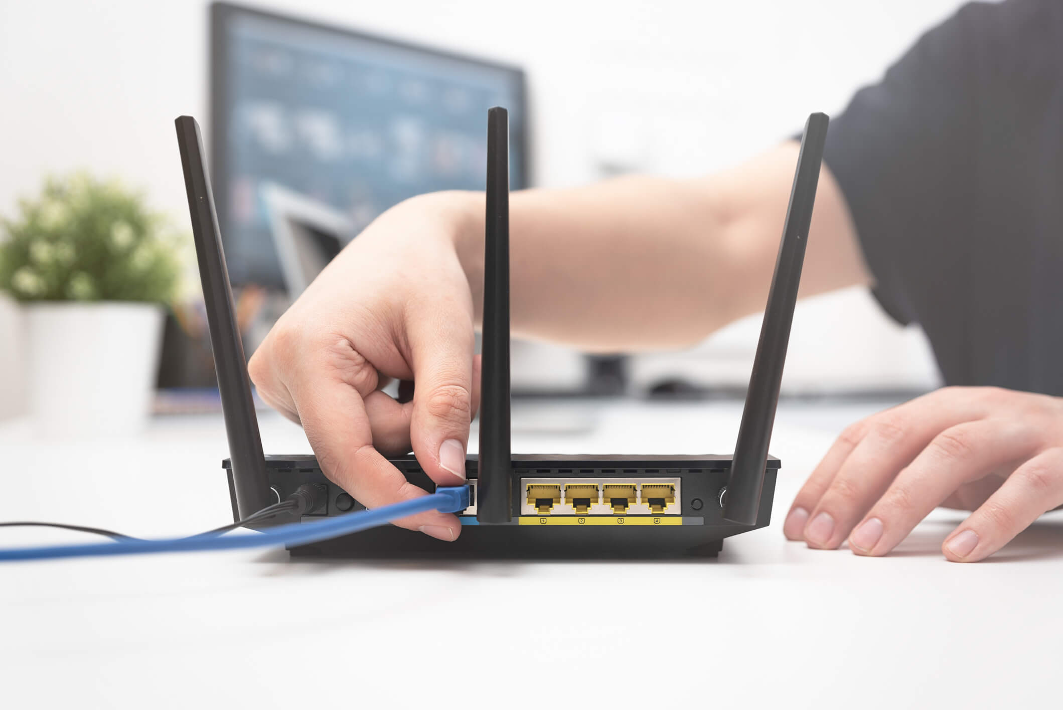 A business owner connects the internet cable to the socket of a business router.