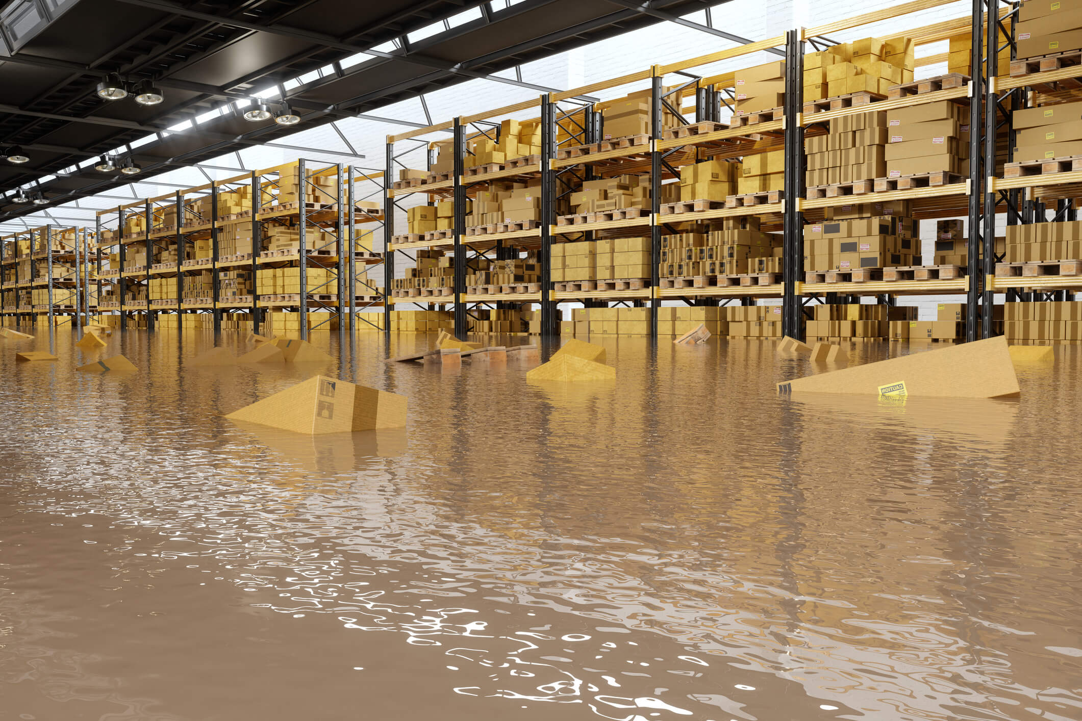 Large warehouse flooded with floating boxing in the flood water