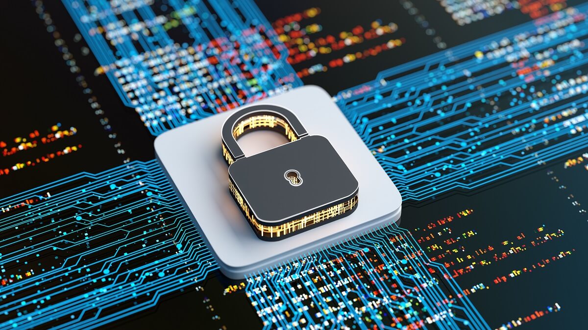 A lock on a blue and black background. It's on a circuit board to show online and business security.