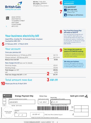 Page one of a British Gas business energy bill with payment giro attached