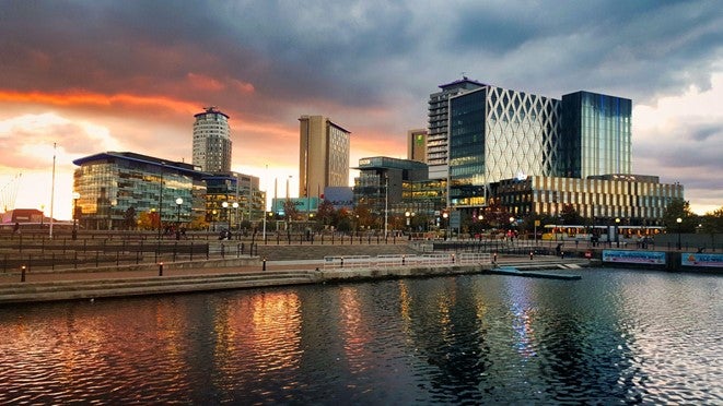 Buildings at Media City in Manchester at sunset