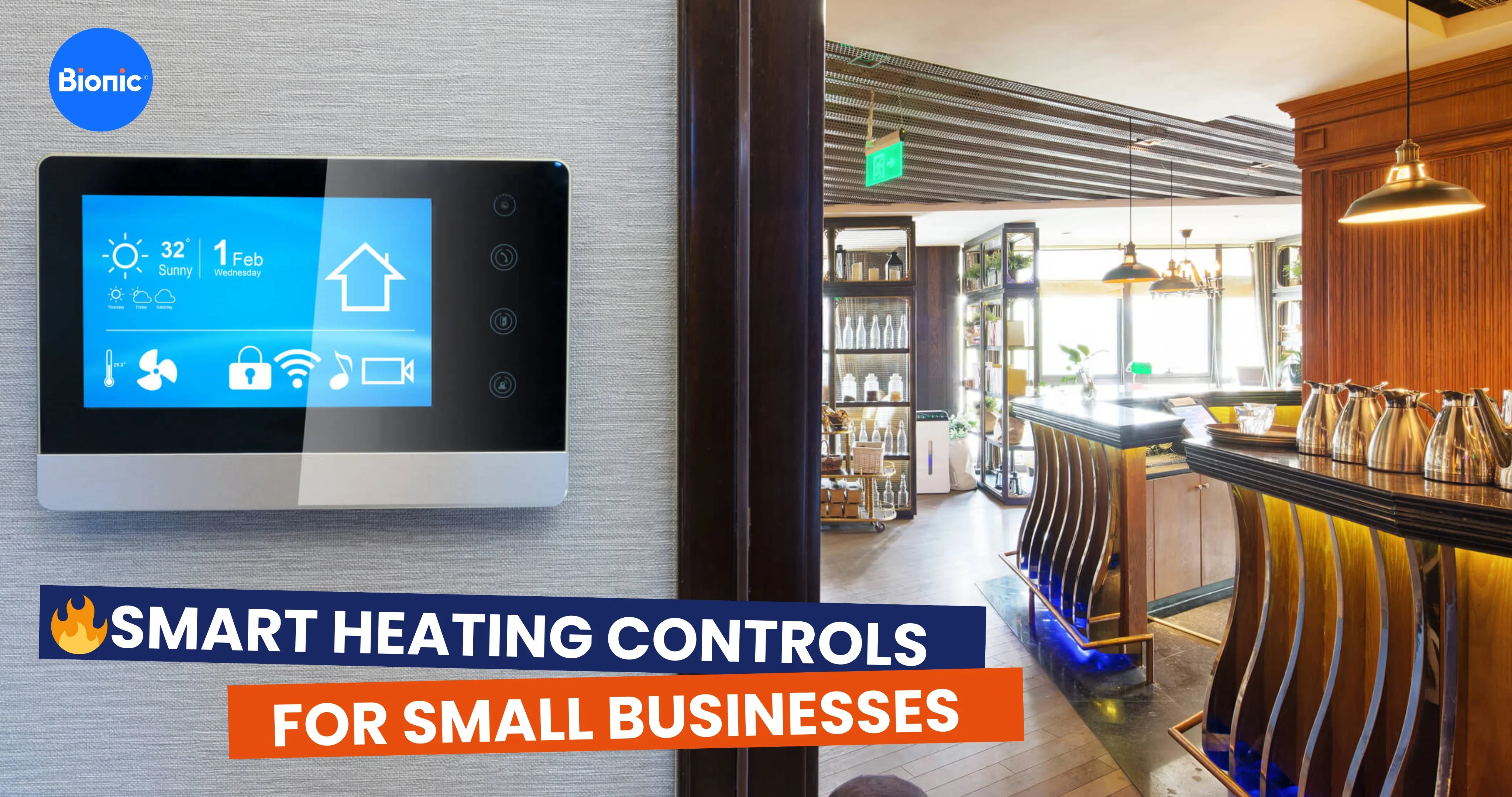 A hotel dining room with a smart thermostat. The caption reads: Smart heating controls for small businesses
