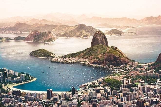 Aerial view of the harbour at Rio de Janiero with Sugar Loaf Mountain in the distance