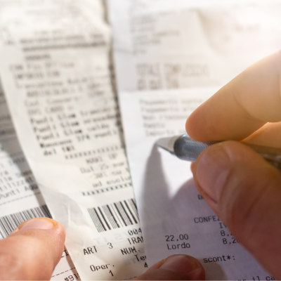 Hand holding pen to highlight business expenses on receipts.