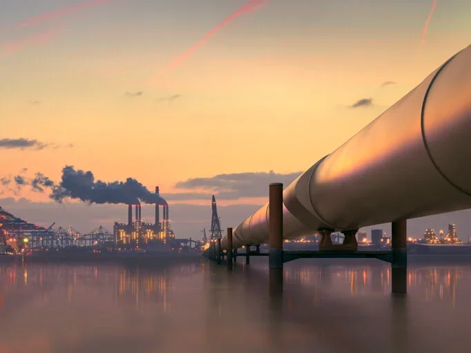 A pipe over water delivers gas to a power station