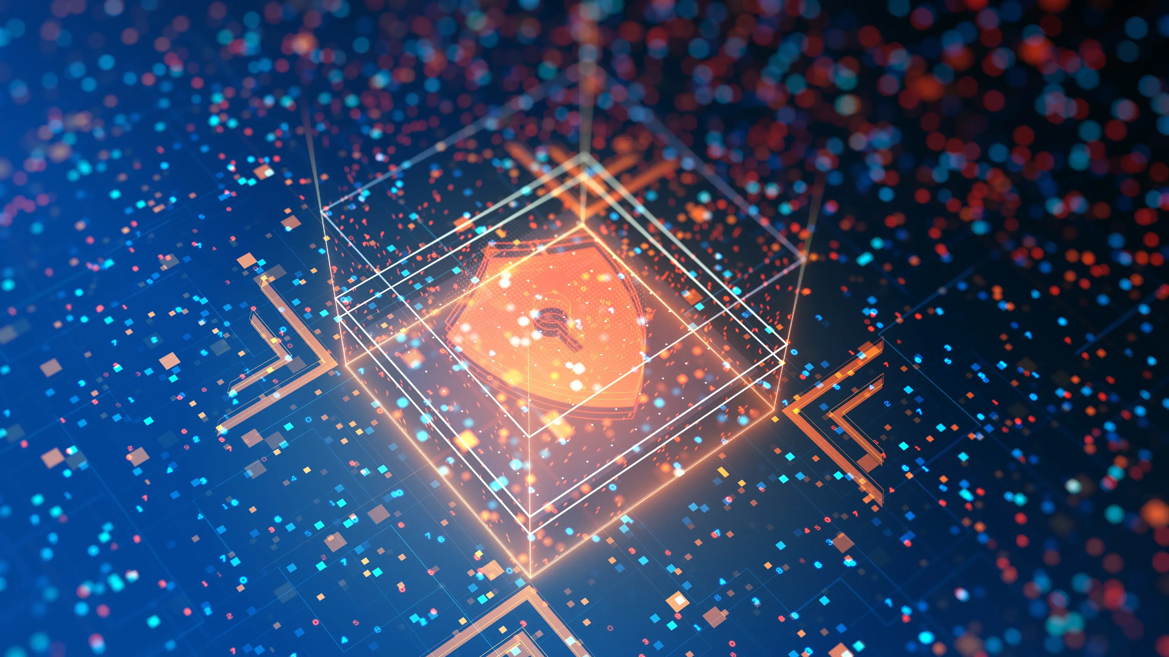 Animation with orange security shield in a box surrounded by colourful dots