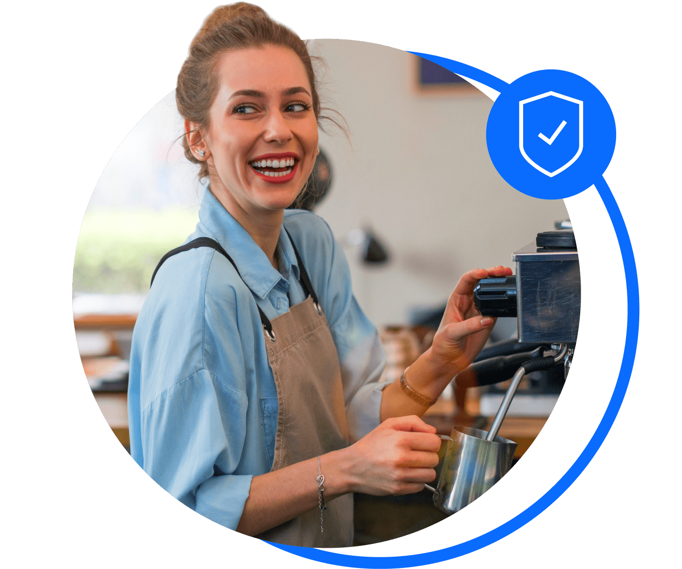 A cafe owner stands at a coffee machine. She's smiling after sorting her cafe and coffee shop insurance.