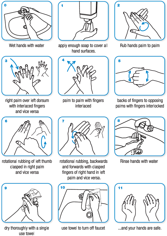 Poster showing illustrations of 11 steps to properly wash your hands.