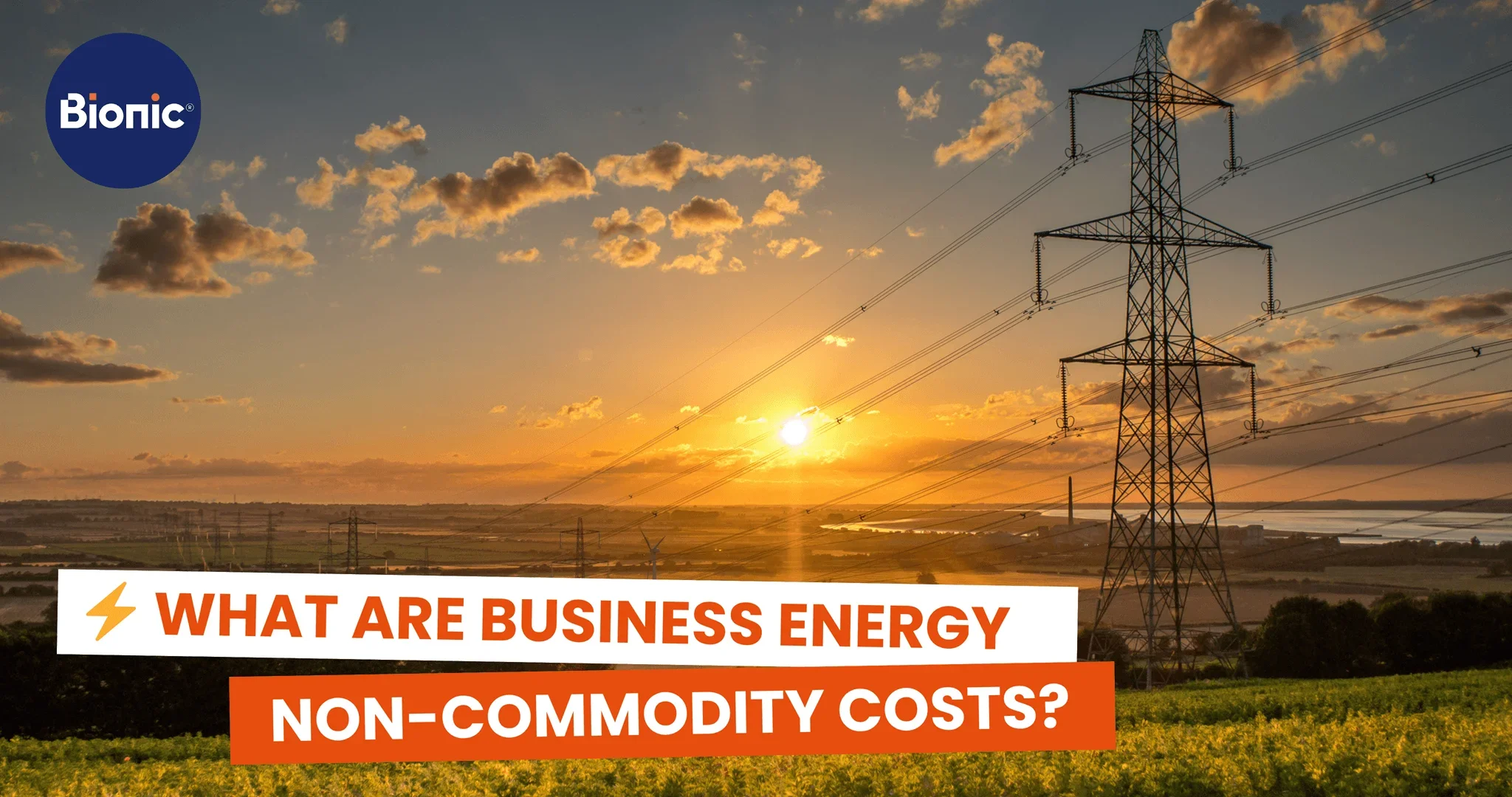 Electricity pylons in a field at sunrise. The caption reads: What are business energy non-commodity costs?
