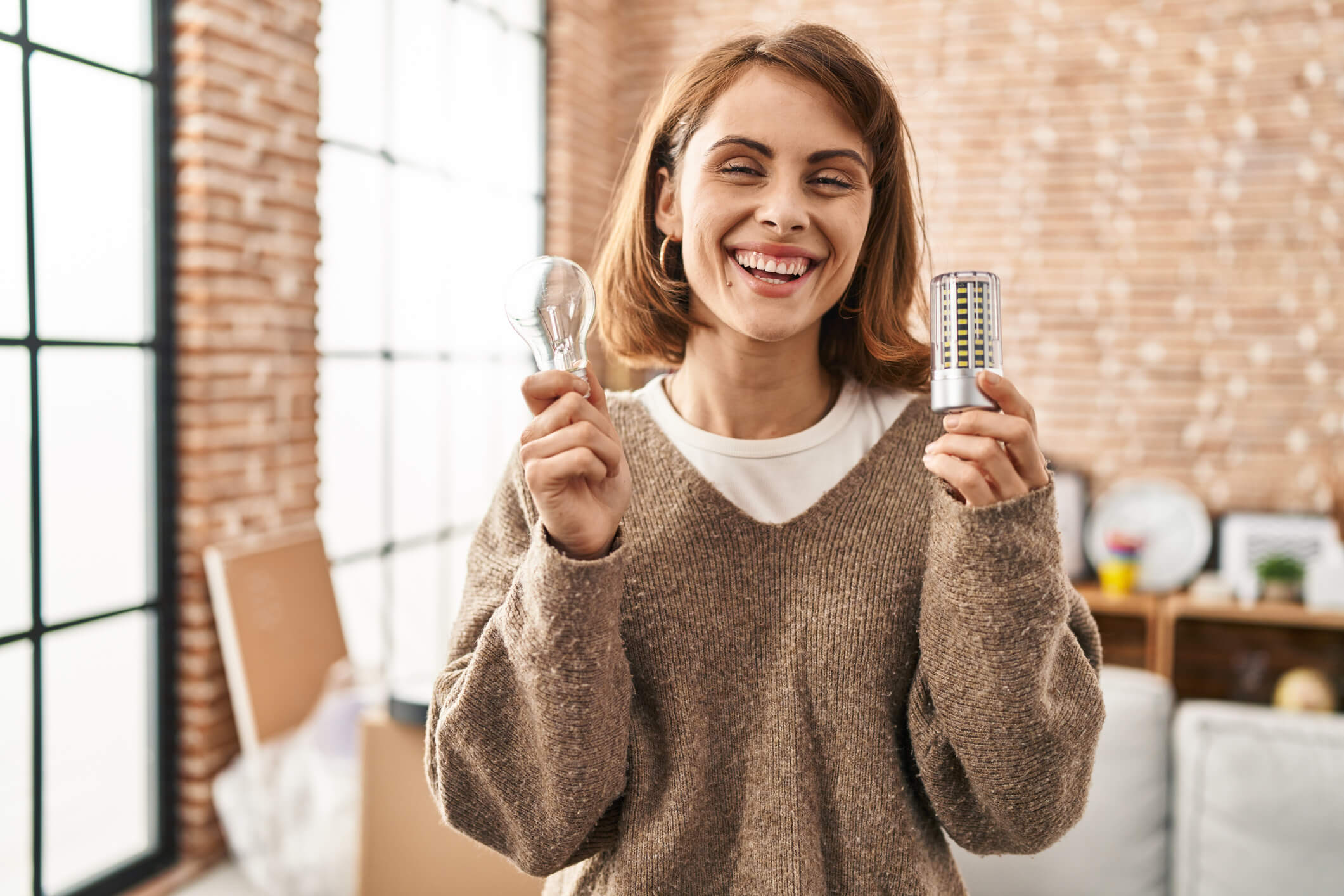 woman holding led lightbulb and incandescent bulb smiling with a happy and cool smile on face