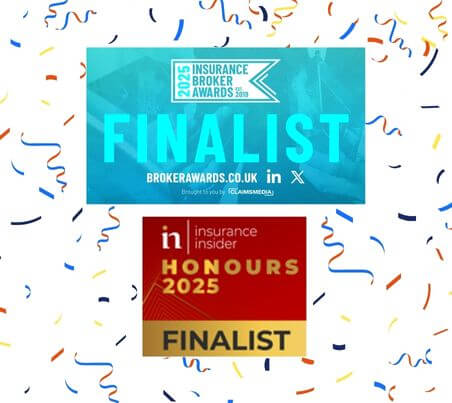 Two badges highlighting that Bionic is a finalist for the 'Insurance Broker Awards' and the 'Insider Honours' surrounded by colourful confetti