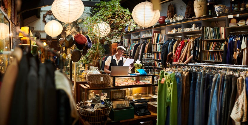 a shop owner sits at the counter of his vintage clothes shop reading an invoice